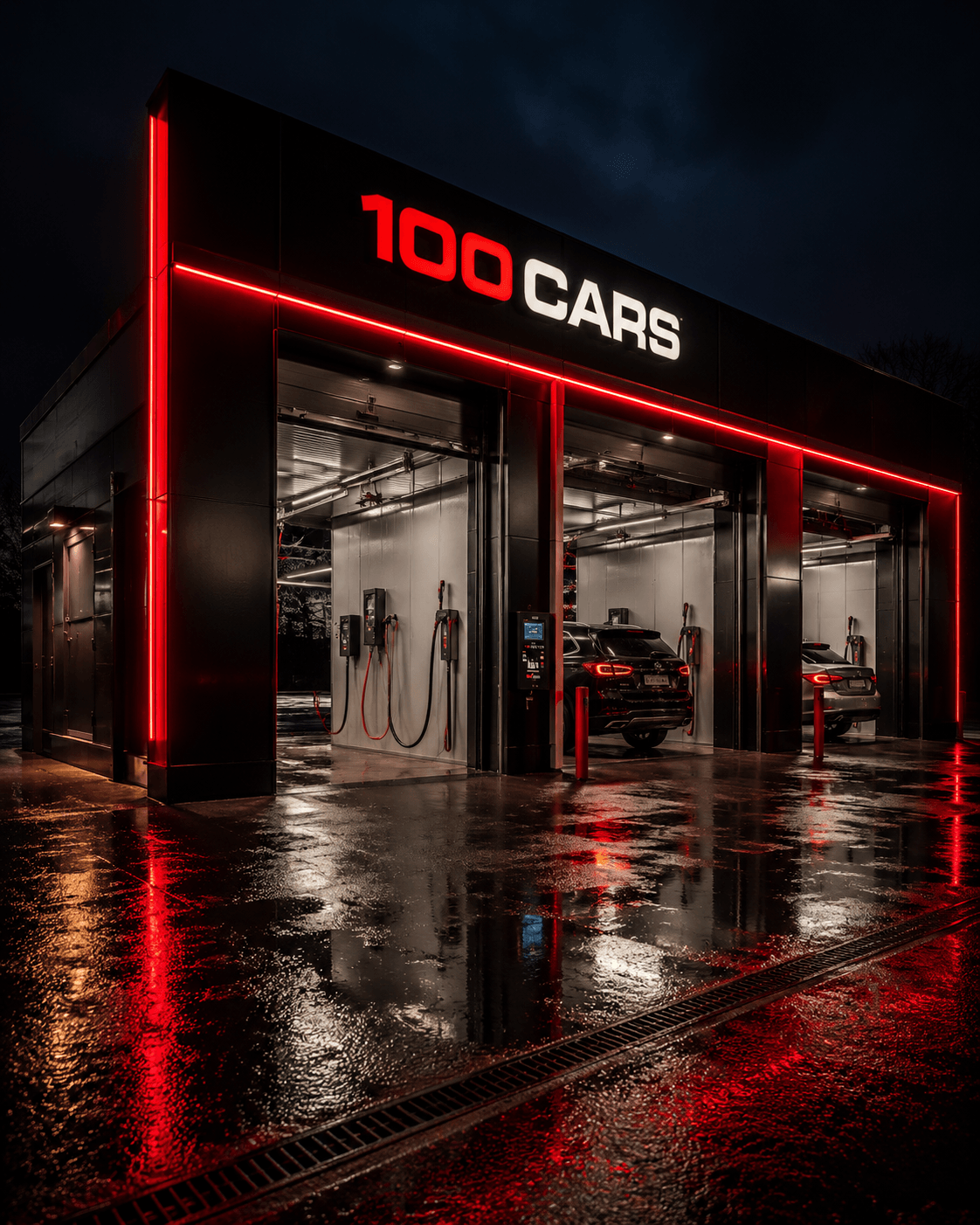 Вечерний фасад автомойки 100CARS с красной подсветкой