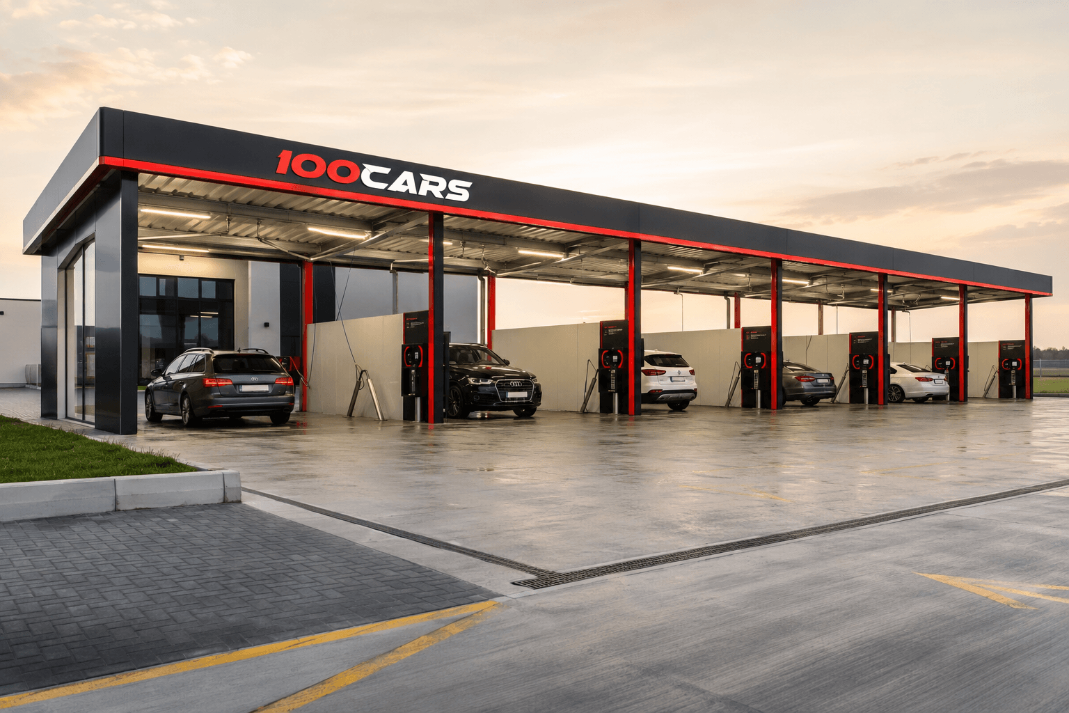 Комплекс бесконтактных автомоек 100CARS — фасад с вывеской