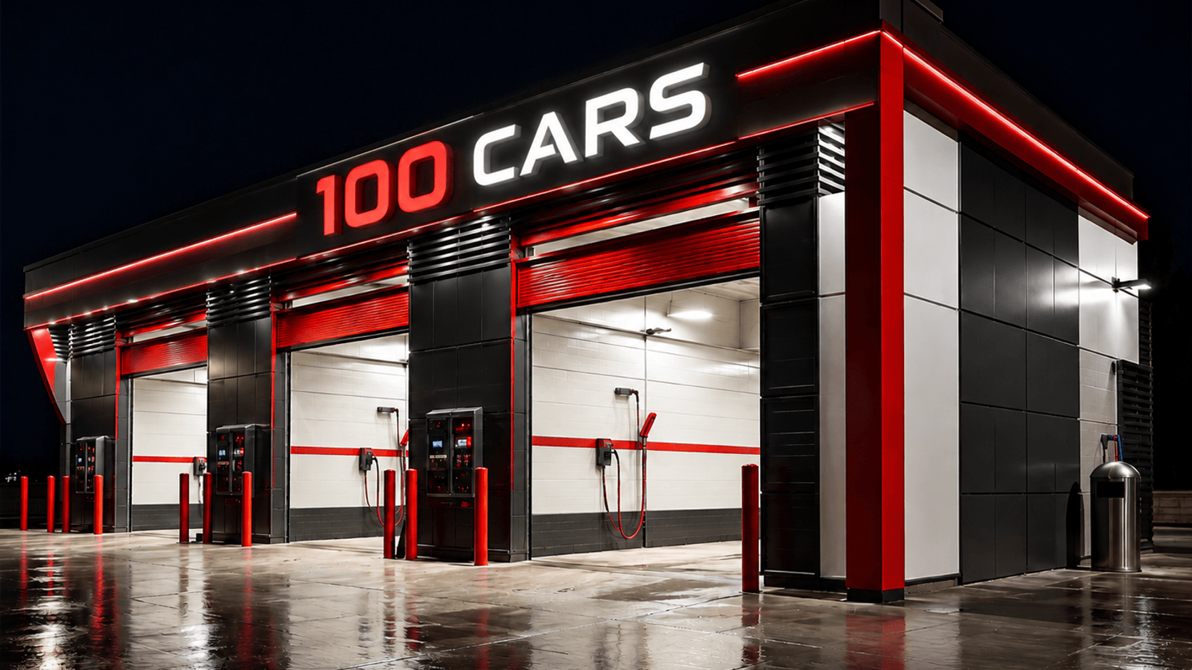 Современный целевой фасад автоматизированной автомойки 100CARS